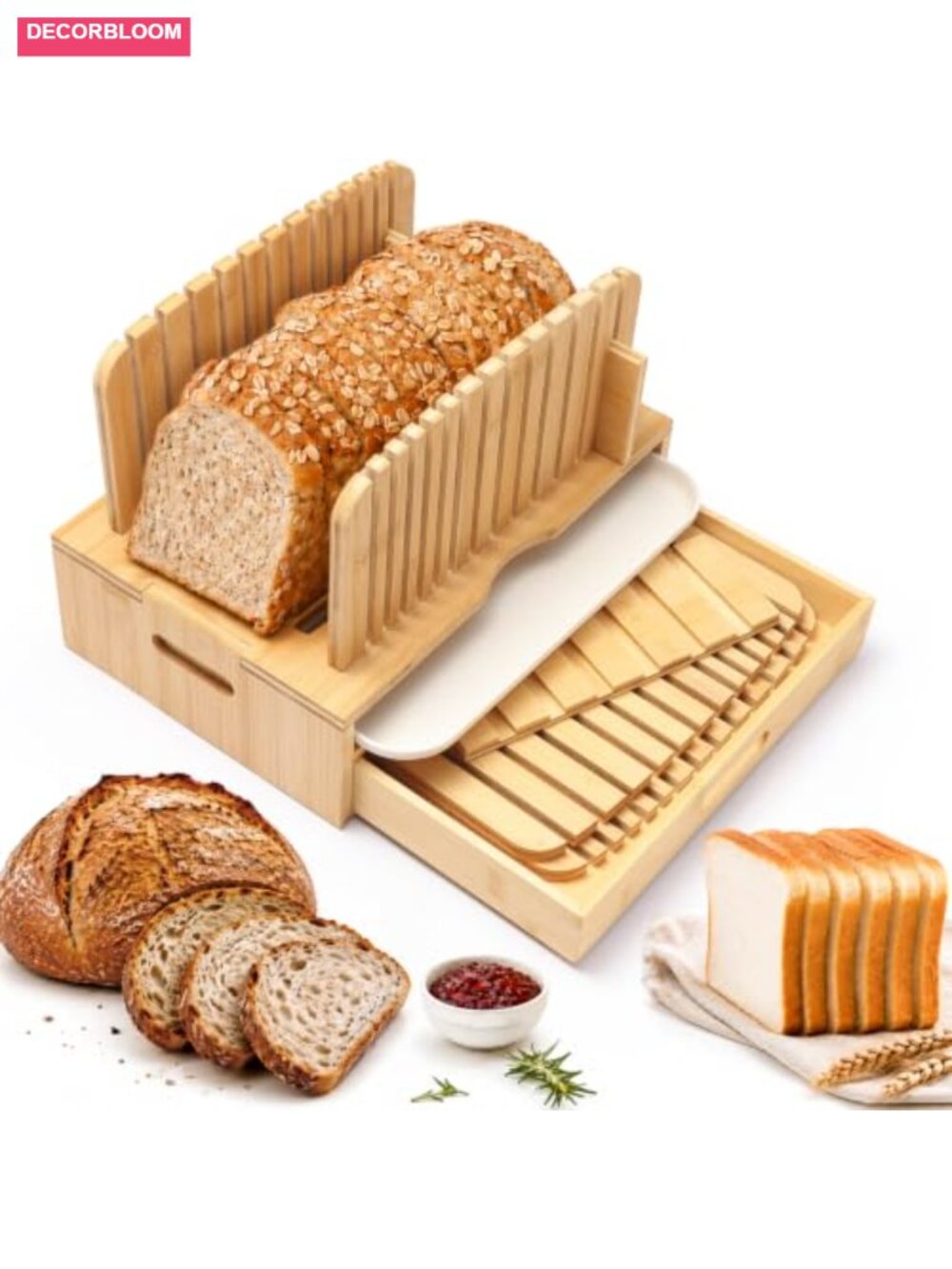 Bamboo Bread Slicer with Adjustable Guides, Crumb Tray and Storage Drawer